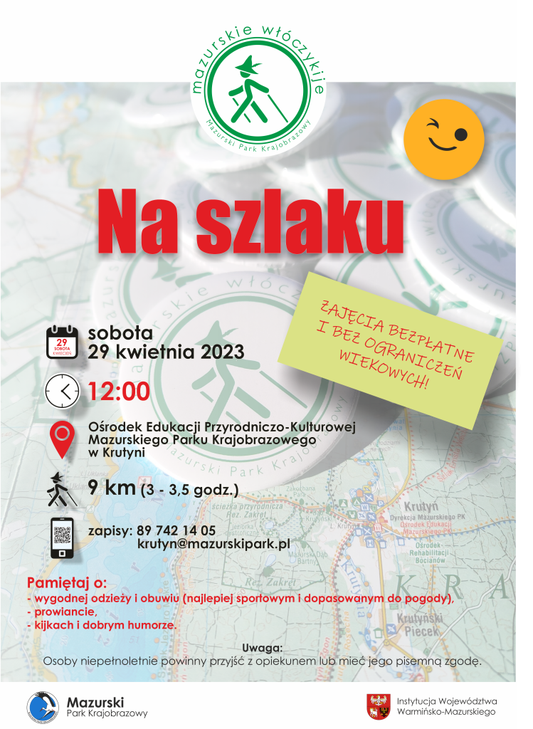 Plakat informujący o wyjściu na szlak 29. kwietnia o 12:00 w Krutyni